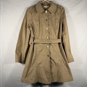Tory Burch Khaki Tan Belted Fit & Flare Trench Coat Jacket Gold Logo Buttons 6
